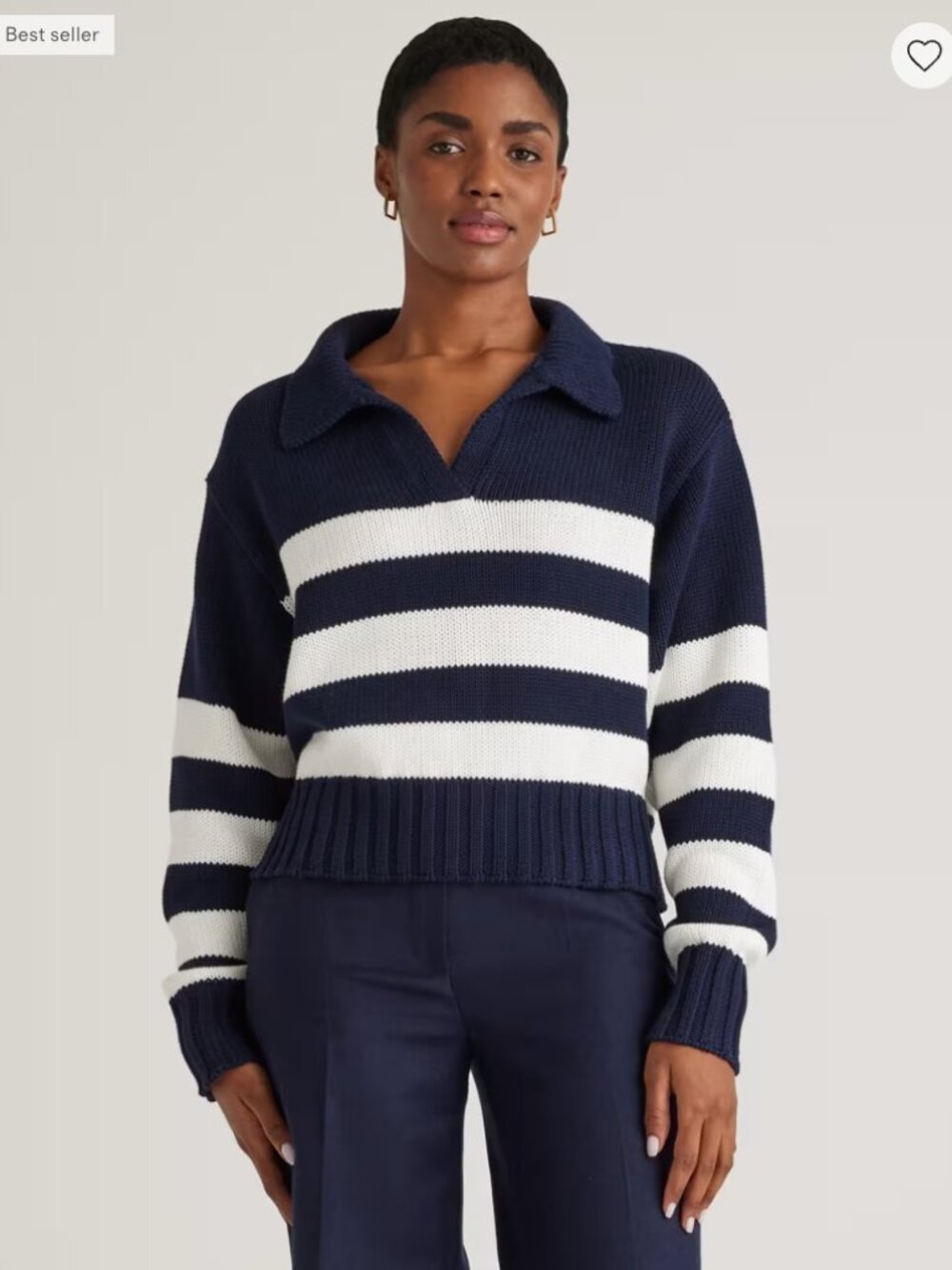QUINCE 100% Organic Cropped Cotton Polo Sweater Navy White Size XL